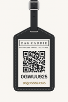 Black luggage tag with QR code and text on a white background