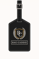 Black luggage tag with 'BC' logo and 'Bag Caddie' text on a white background