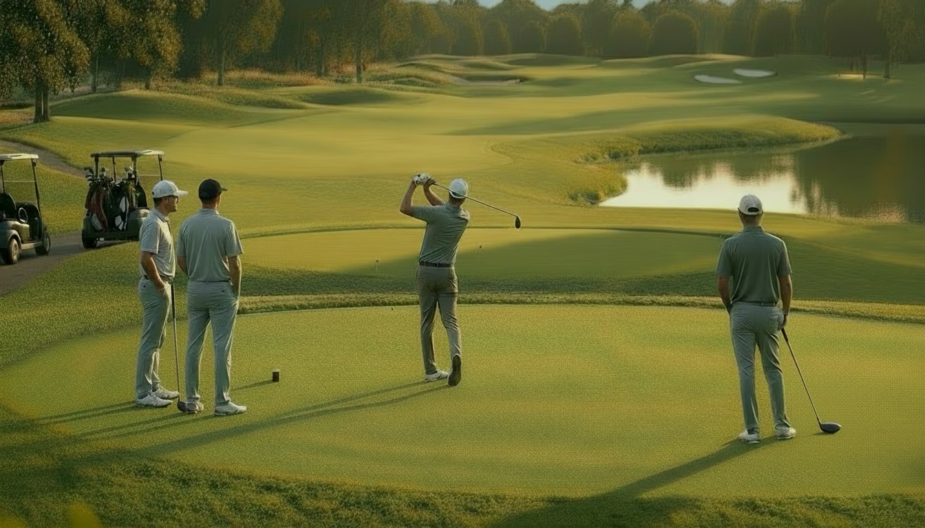 Golfers teeing off on a scenic course as golf clubs are shipped ahead for effortless travel